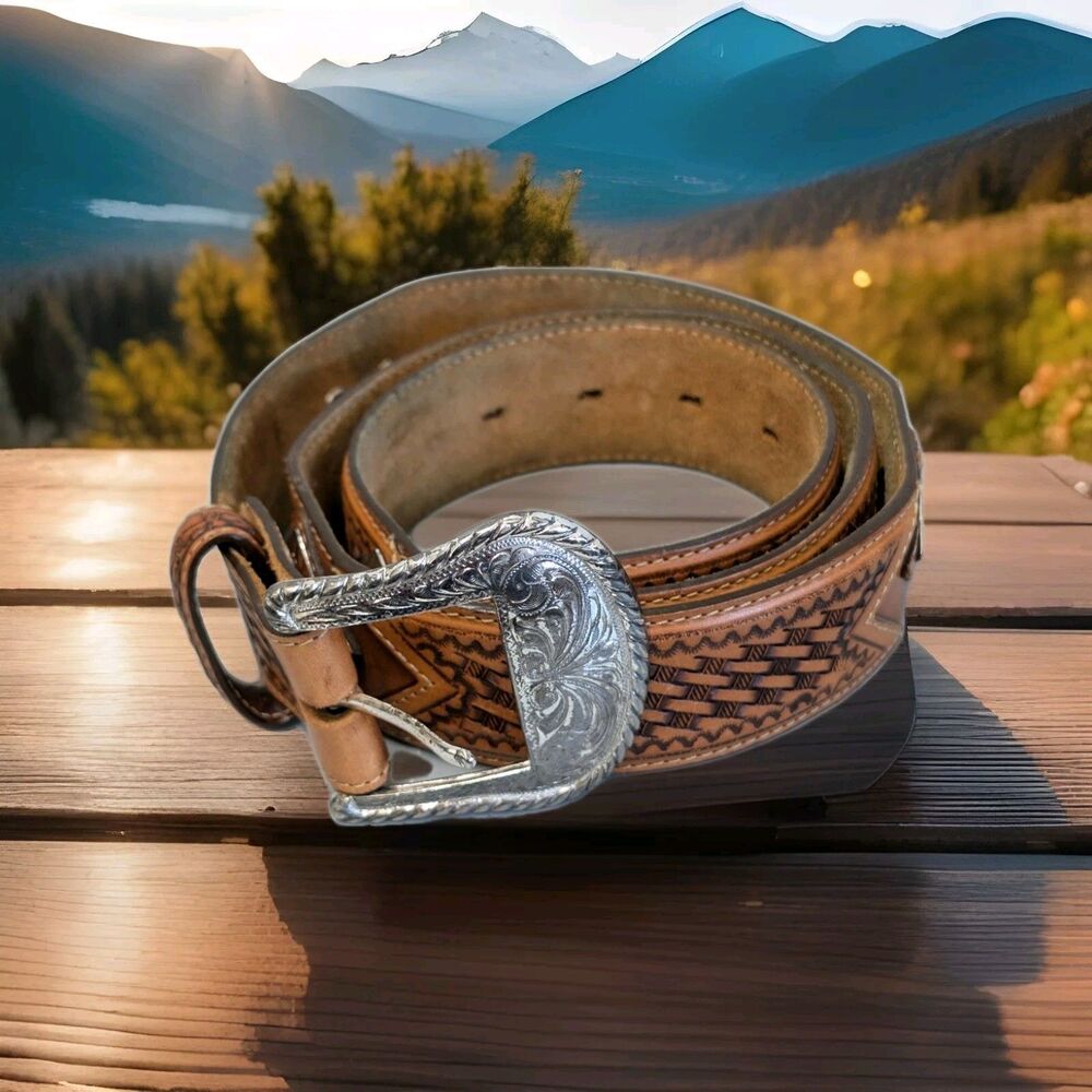 Vintage Tony Lama Size 38 Brown Western Cowboy Belt With Buckle & Silver Conchos